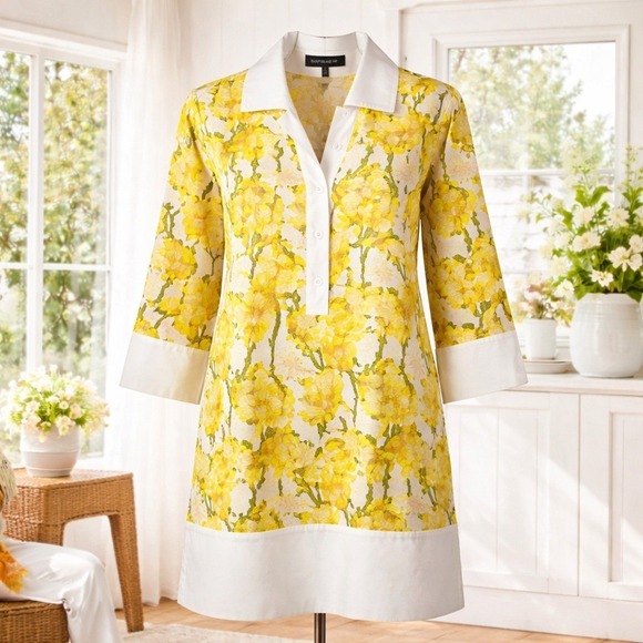 Katie Kime Yellow Daffodil Floral Tunic Dress White Contrast Trim Small Spring - Picture 2 of 14